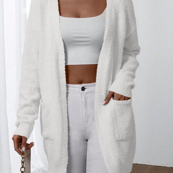 White Casual Women's Plain Long Sleeve Minimalist Cardigan Top - Picture 5 of 6